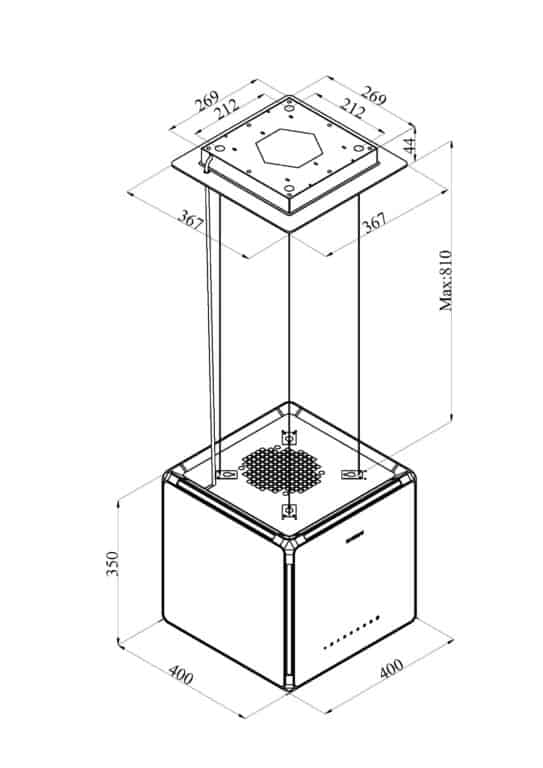 Maßzeichnung Lightline Cube Mindestabstand zwischen Kochgerät und Haubenunterkante: Elektro-Kochstelle 65 cm, Gas-Kochstelle 75 cm